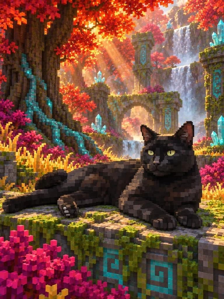 Black cat lounging in a voxel wildwood with crimson trees, crystal ruins and waterfalls