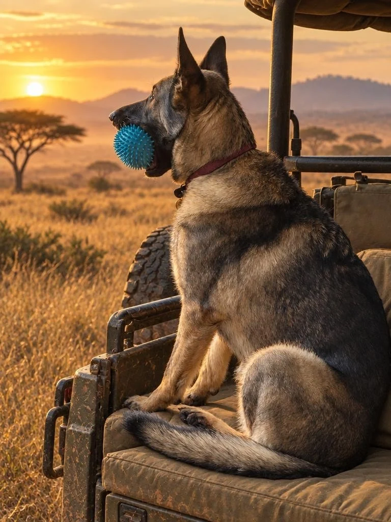 Eve holding her blue ball beside a safari jeep at sunset