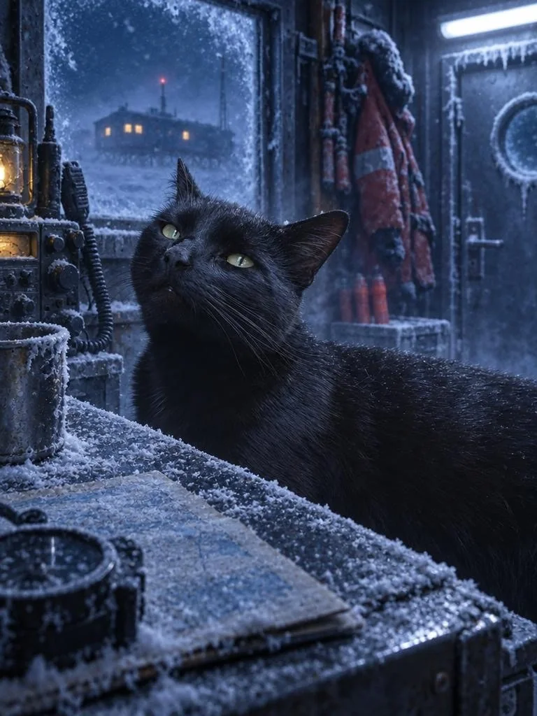 Black cat inside a frozen research station surrounded by moonlit blue fog