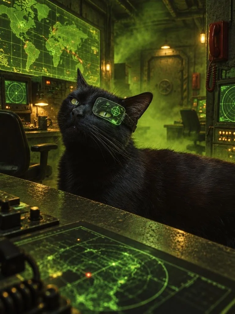 Black cat wearing a HUD eyepiece in a green industrial mission bunker