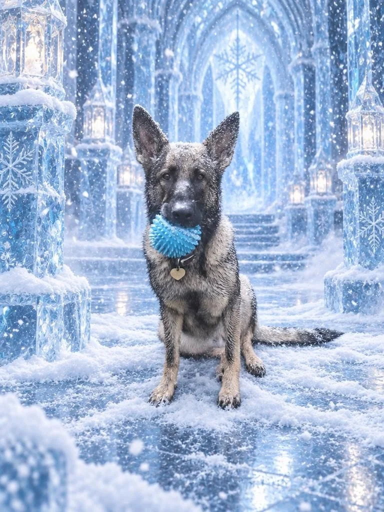German Shepherd with a blue ball inside a luminous frozen fantasy palace