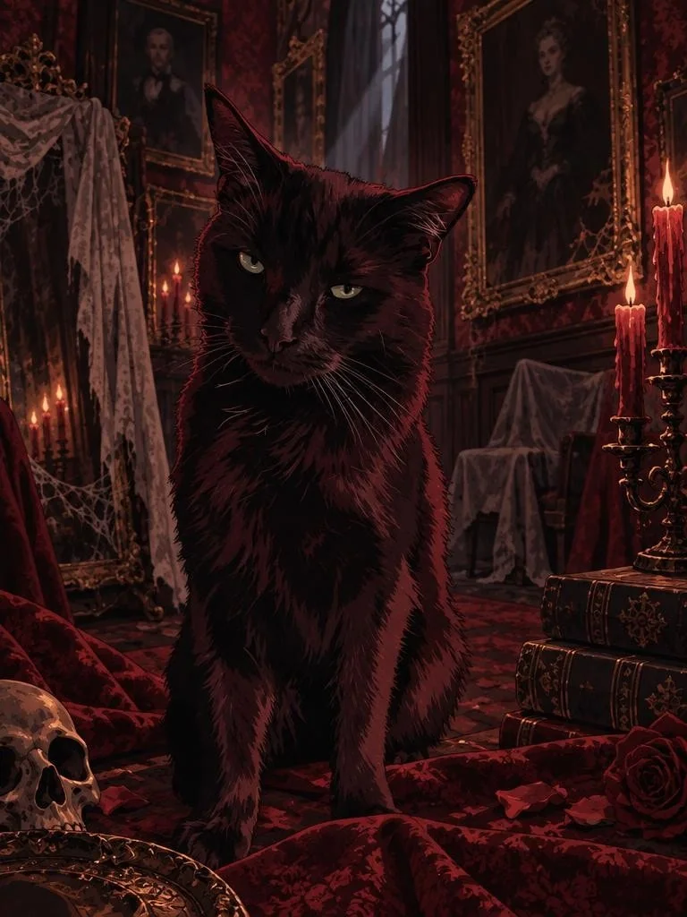 Black cat inside an ornate crimson cursed portrait gallery