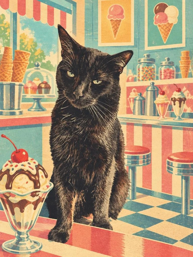 Black cat pictured as a vintage postcard inside a pastel ice cream parlor