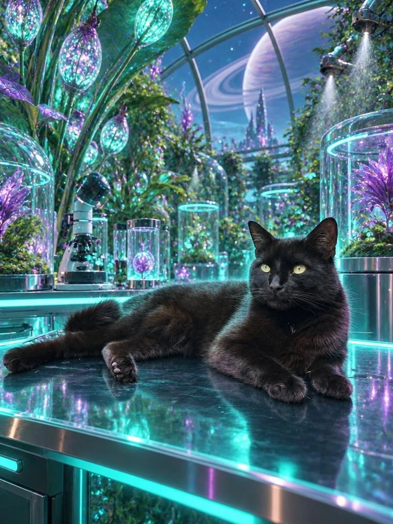 Black cat reclining among glowing plants inside an alien botanical laboratory