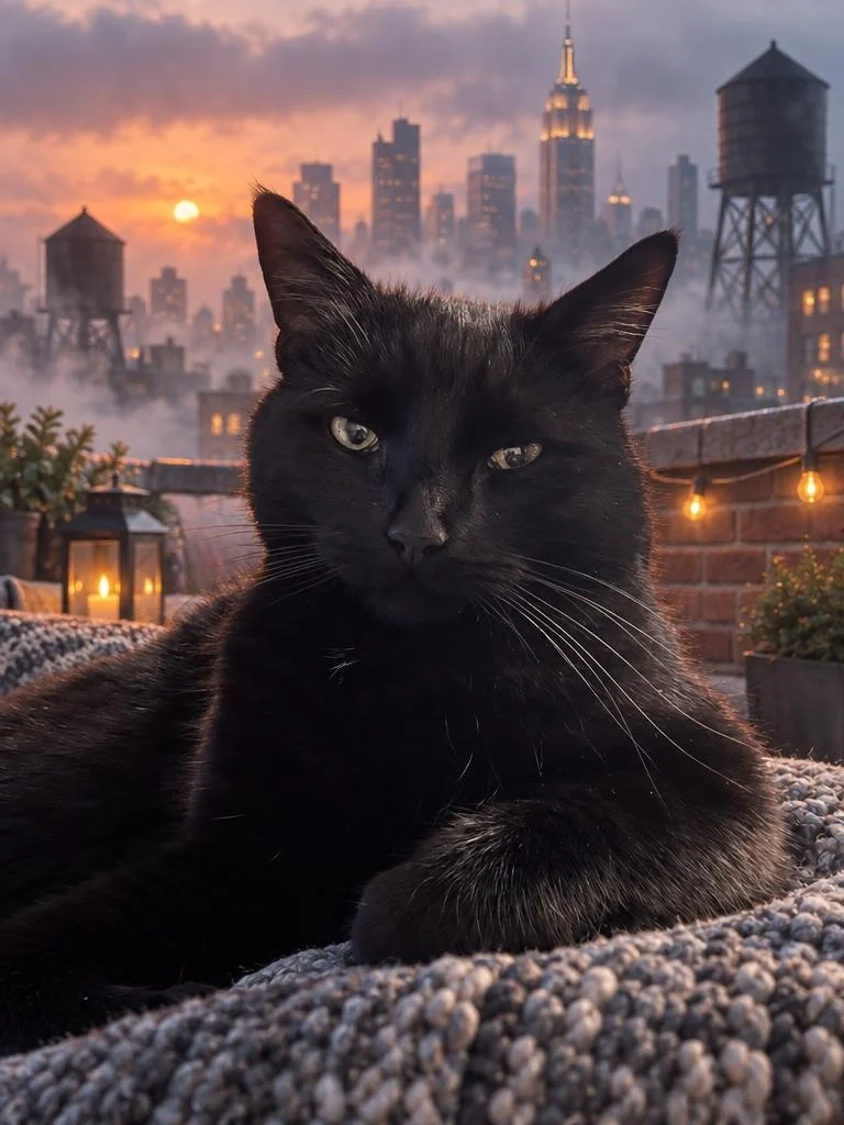 Black cat reclining on a foggy New York rooftop with water towers and the skyline behind