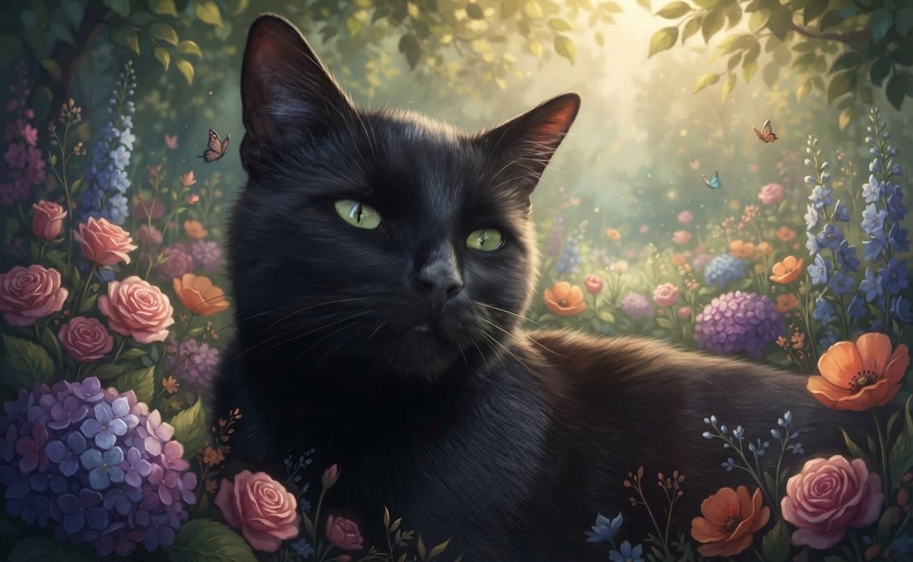 Black cat transformed into a cinematic flower-garden portrait