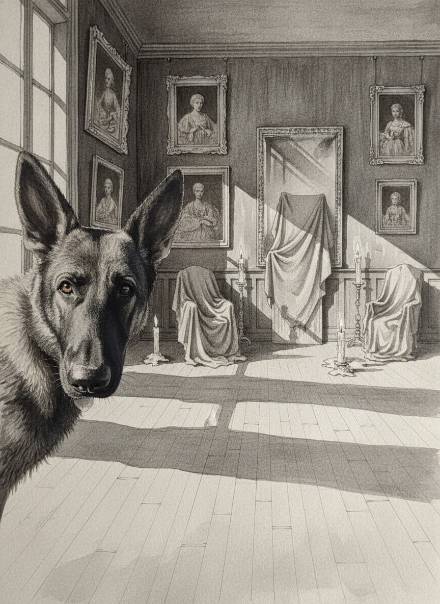 A Sumi-e ink portrait of a dog in an old gallery room