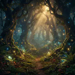 An enchanted forest scene with ancient trees
