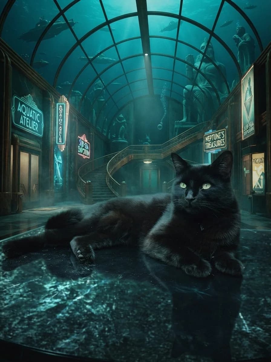 Chuck transformed in a cinematic neon undersea concourse
