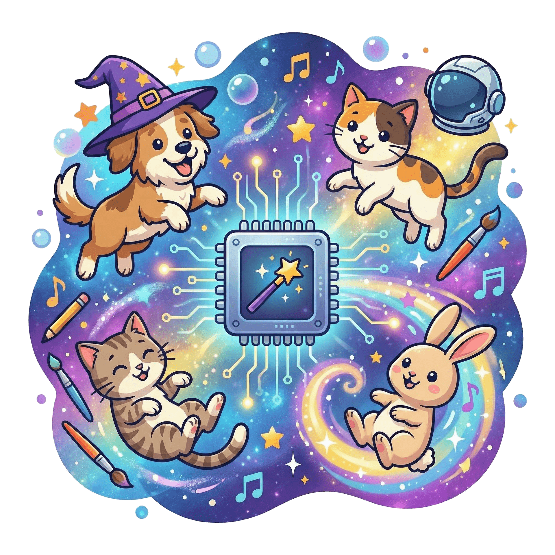 Illustration of an AI transformation scene with pets and creative effects