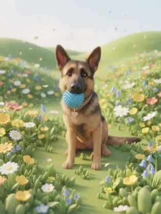German Shepherd holding a blue ball in a softly shaded 3D cartoon spring meadow