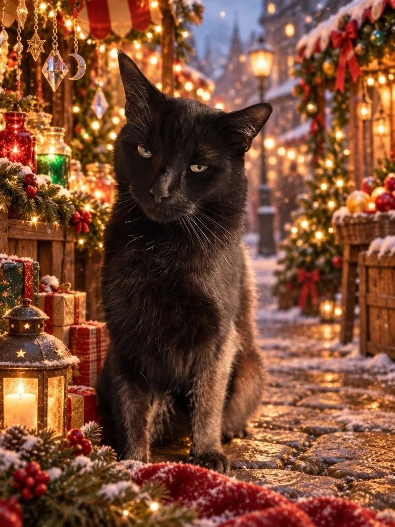 Black cat in a snowy Christmas market lit by lanterns and fairy lights