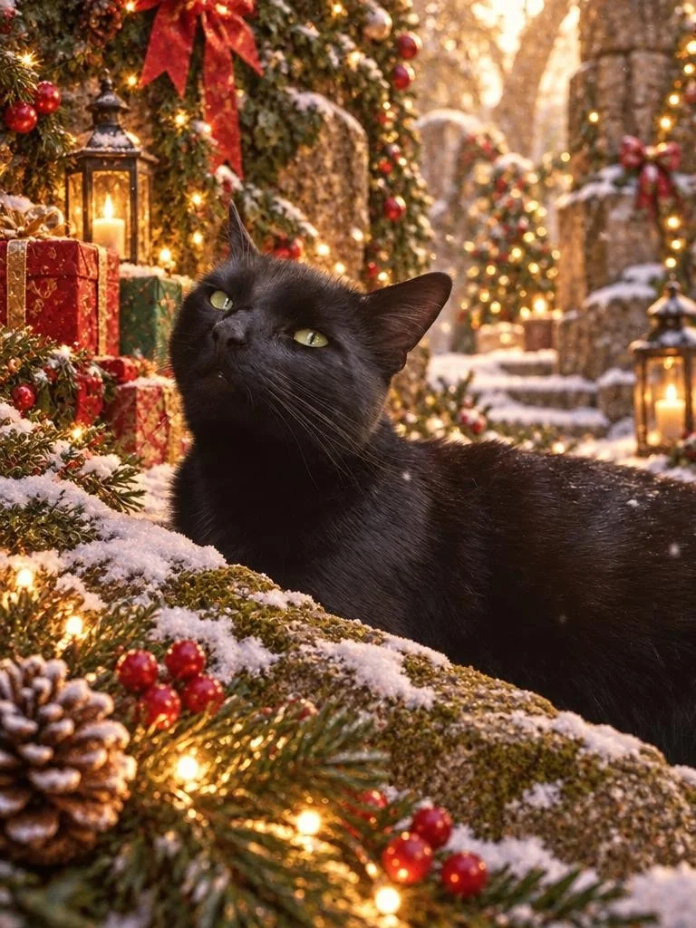 Black cat among snowy jungle ruins decorated with Christmas lights and gifts