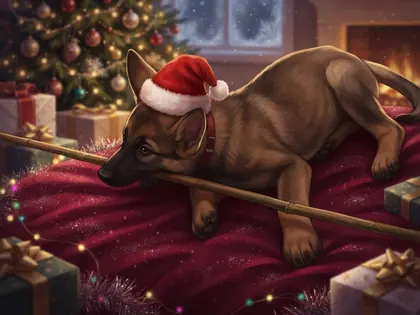 German Shepherd wearing a Santa hat in a warmly lit Christmas room