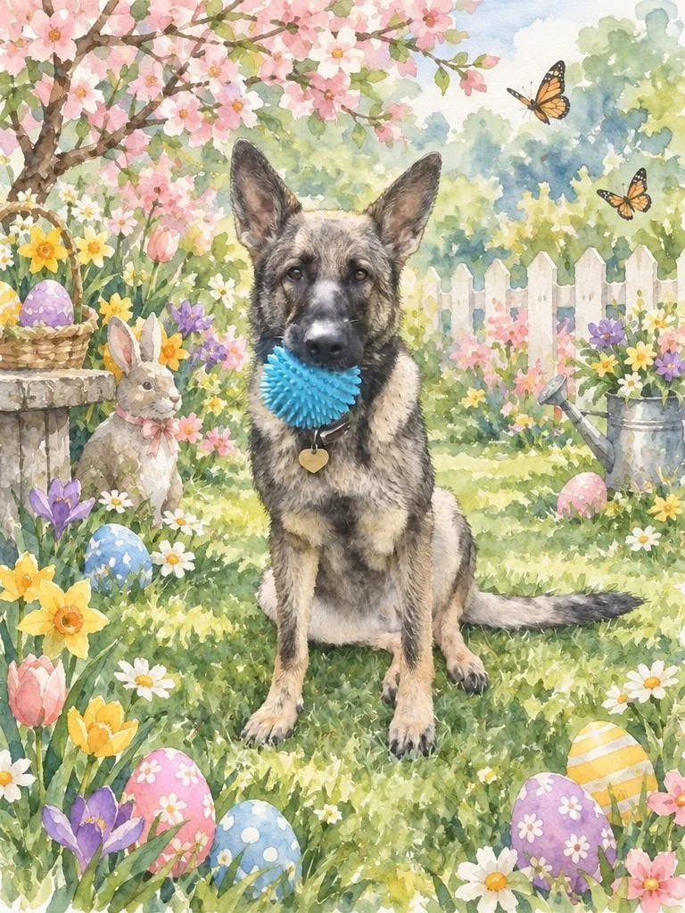 German Shepherd with a blue ball in a watercolor Easter garden