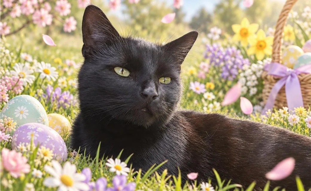 Black cat reclining in a pastel spring meadow with flowers and painted eggs