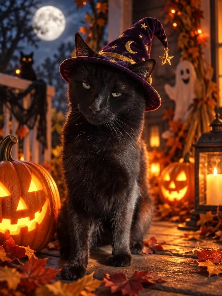 Black cat wearing a wizard hat in an orange cinematic Halloween room