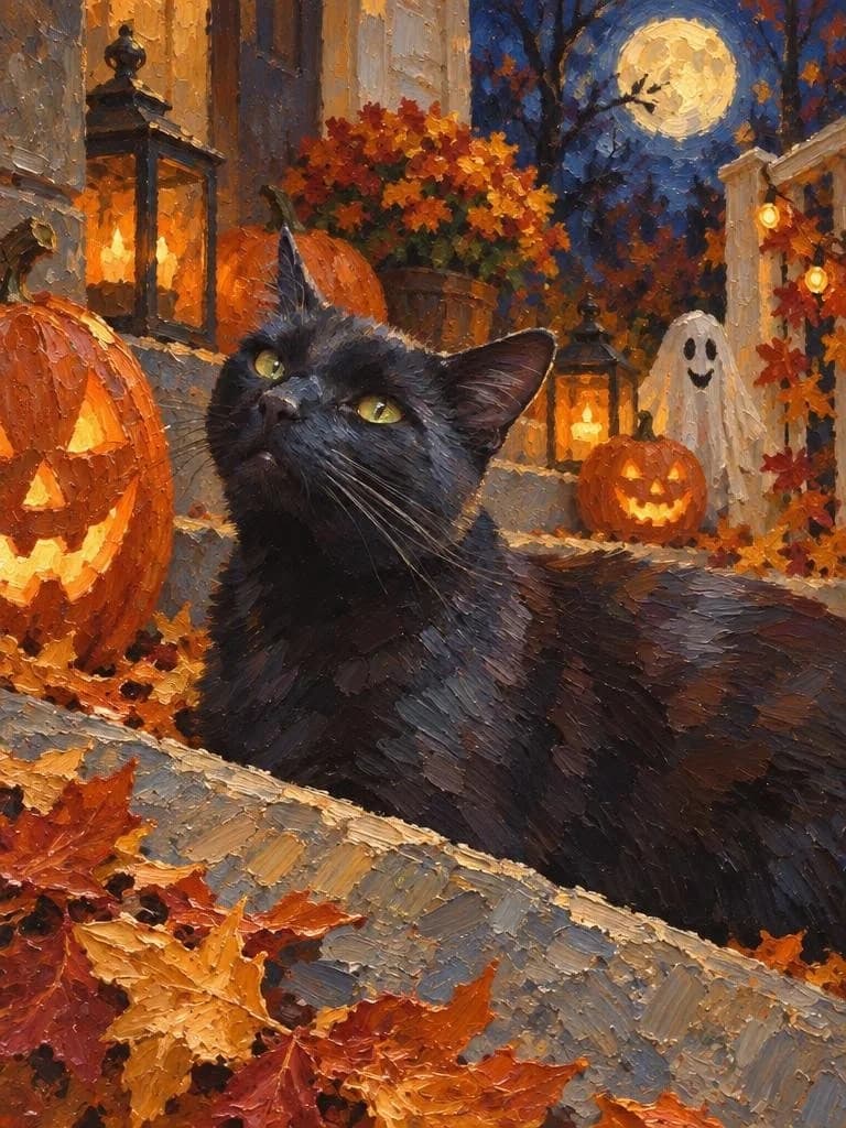 Black cat reclining in an oil-painted Halloween pumpkin garden