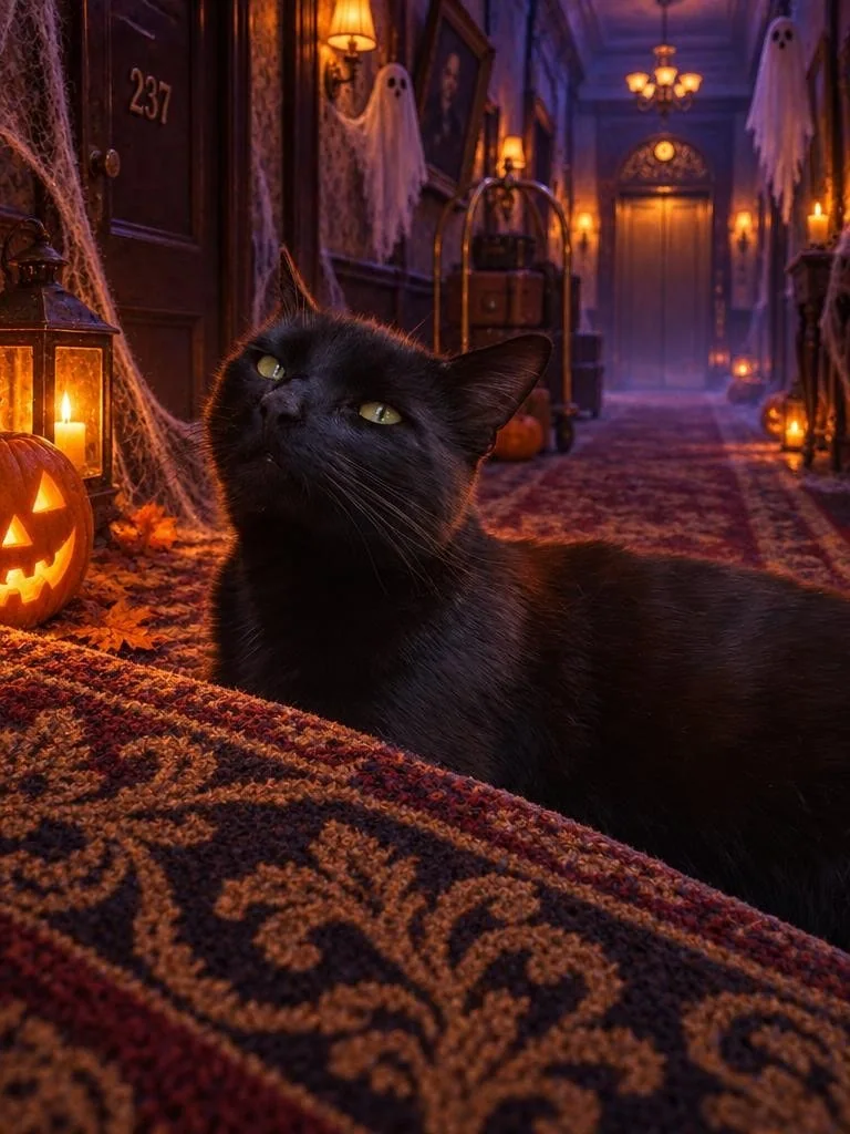 Black cat reclining in a haunted hotel with pumpkins and friendly ghosts