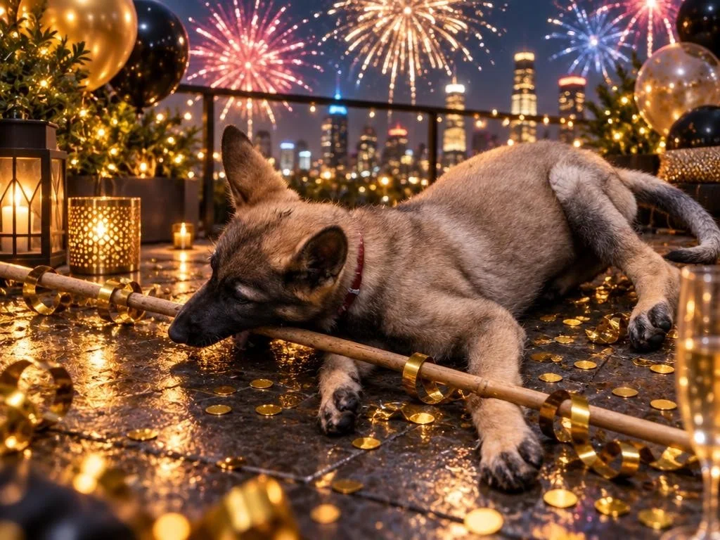 German Shepherd reclining beneath cinematic New Year fireworks