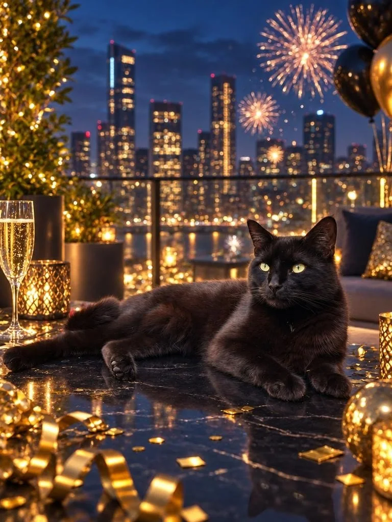 Black cat reclining on a city rooftop beneath New Year fireworks