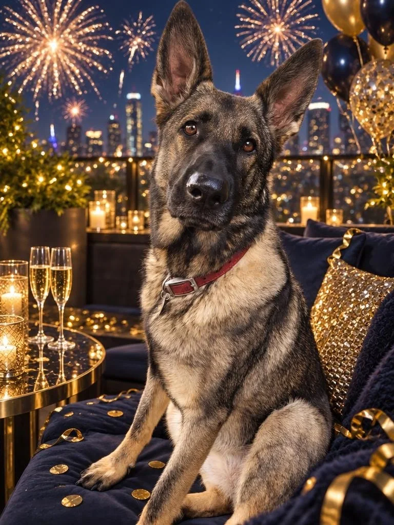 German Shepherd on an elegant rooftop beneath gold New Year fireworks
