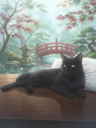Black cat illustrated in a soft anime style beside a koi pond and red bridge
