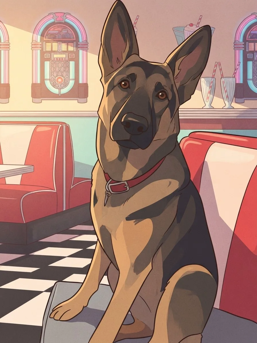 German Shepherd illustrated inside a softly lit 1950s diner