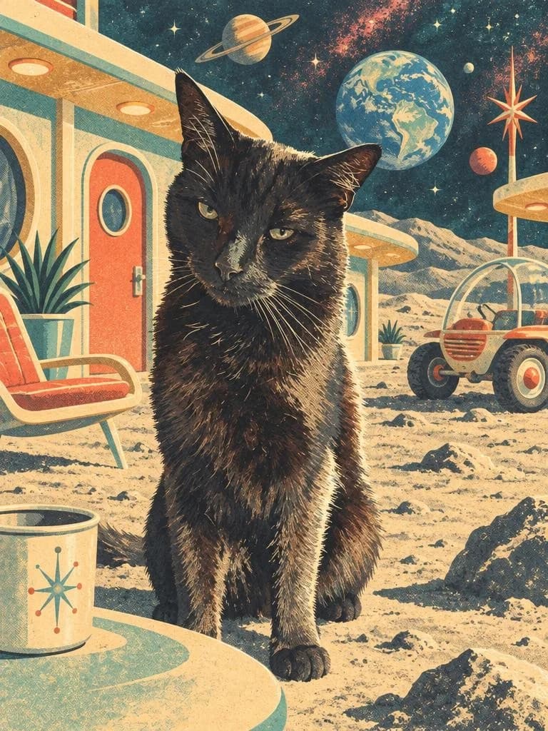 Black cat illustrated as a vintage travel postcard guest at a retro lunar motel beneath Earthrise