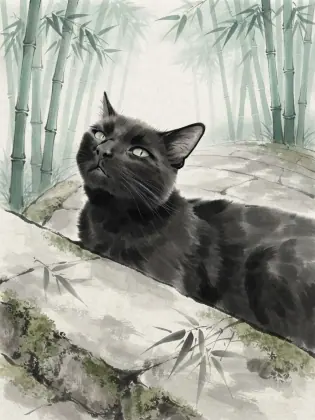 Black cat painted in Sumi-e ink among pale bamboo and mossy rocks