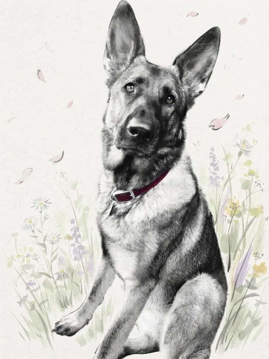 German Shepherd painted in Sumi-e ink among delicate spring meadow flowers