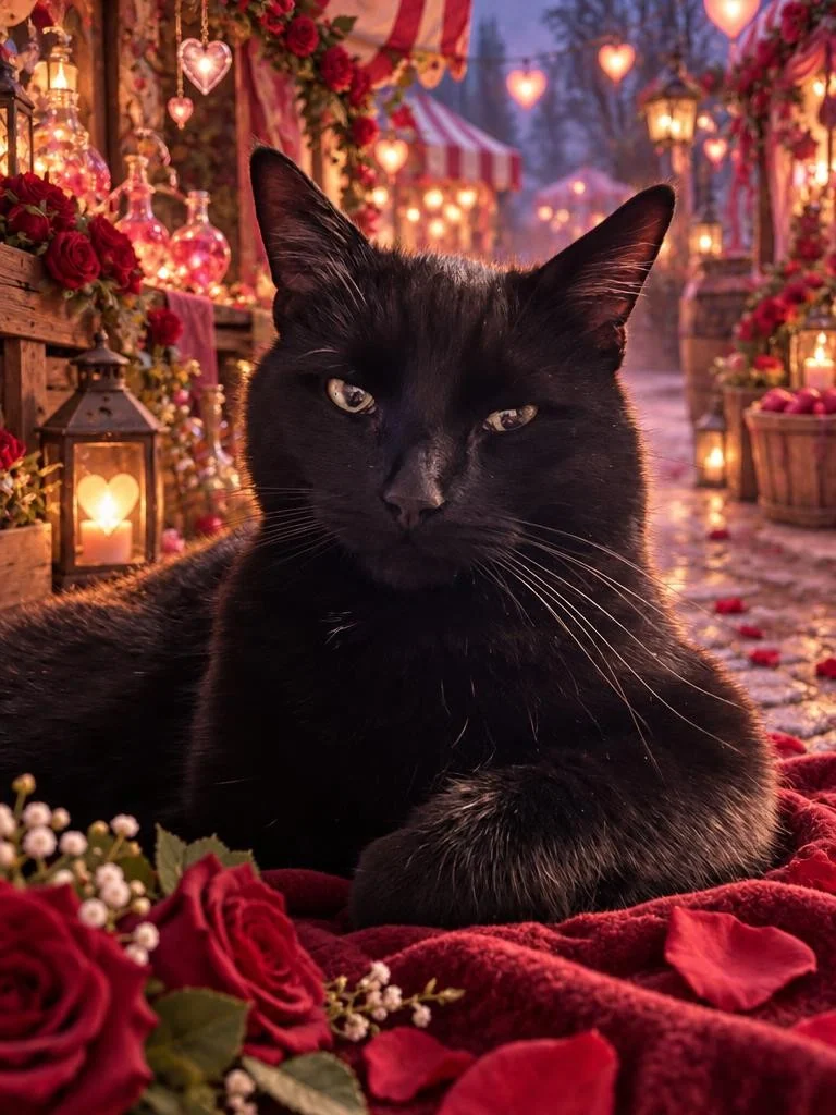 Black cat reclining at a rose-filled fae market with glowing Valentine lanterns