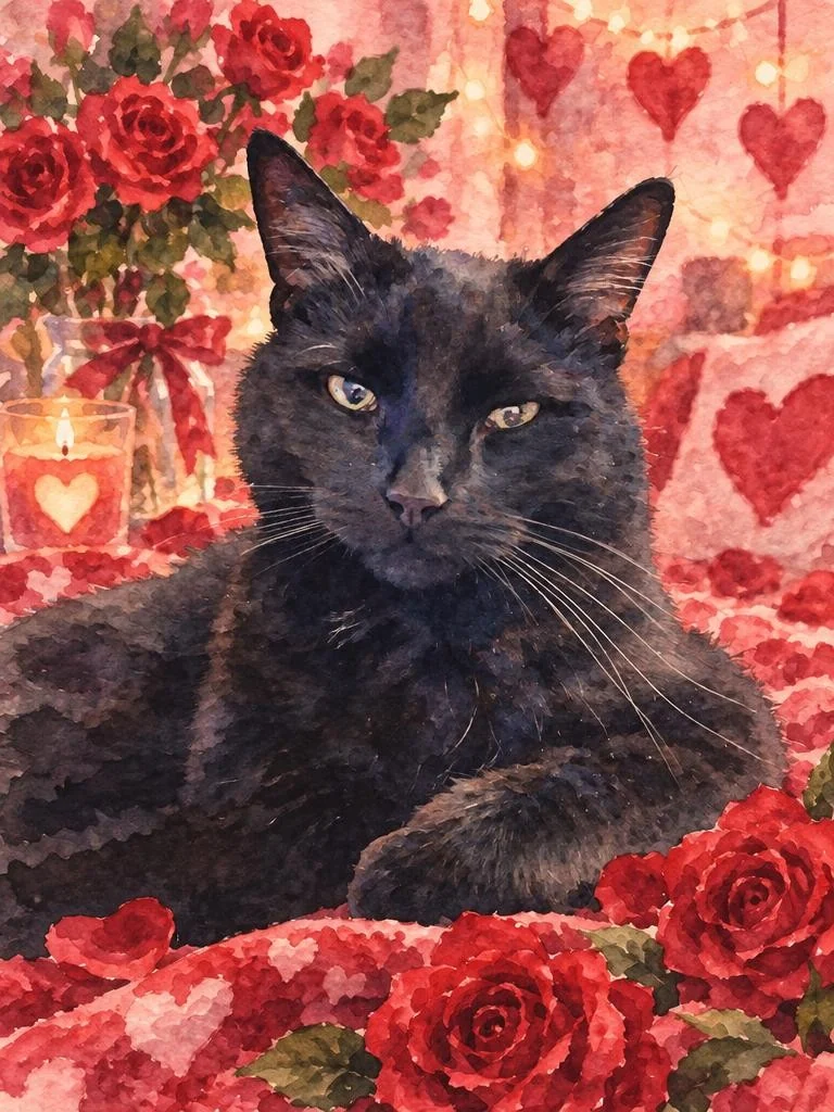 Watercolor portrait of a black cat reclining among roses and Valentine decorations
