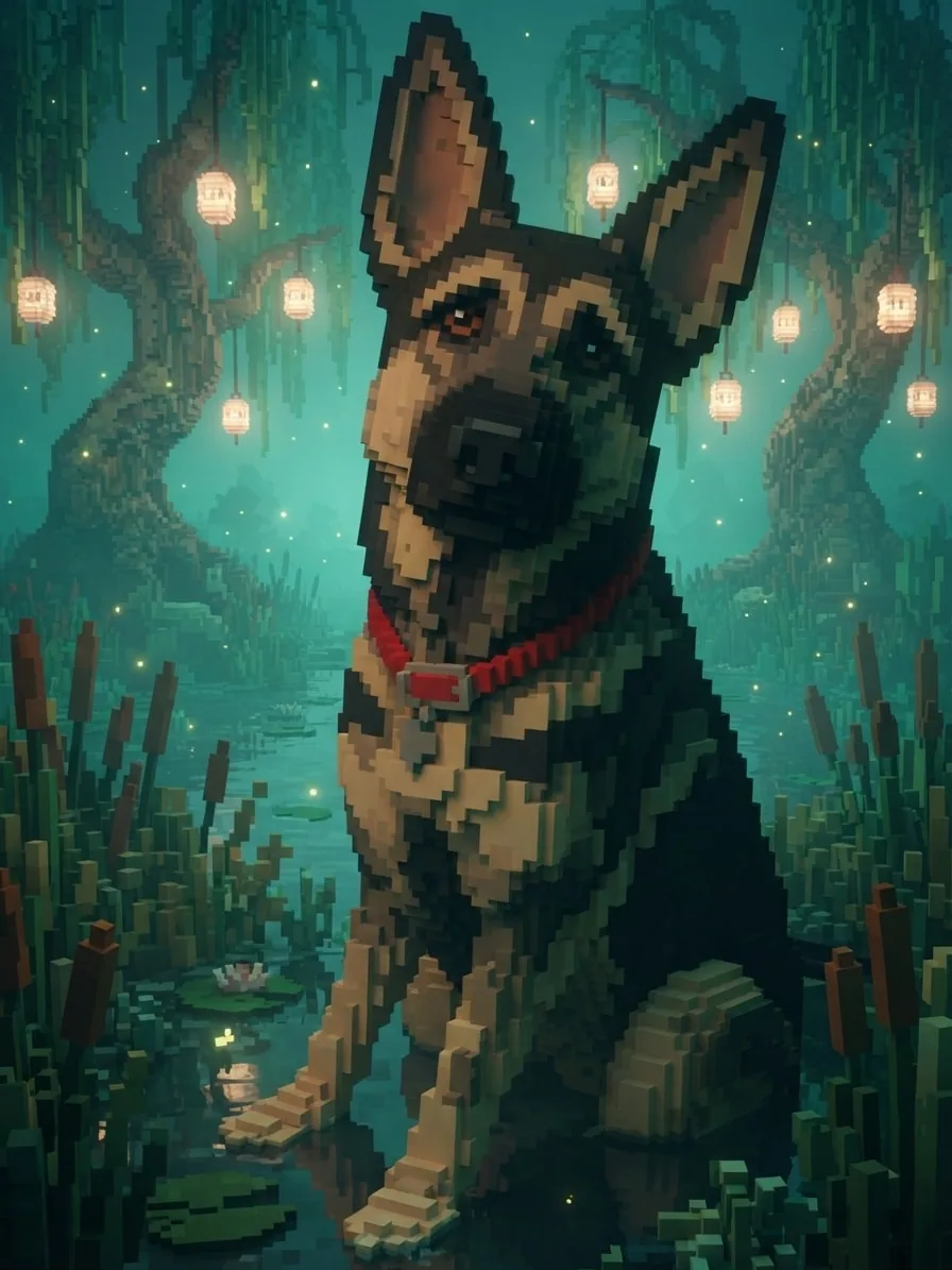 German Shepherd rendered as voxel art in a glowing lantern marsh