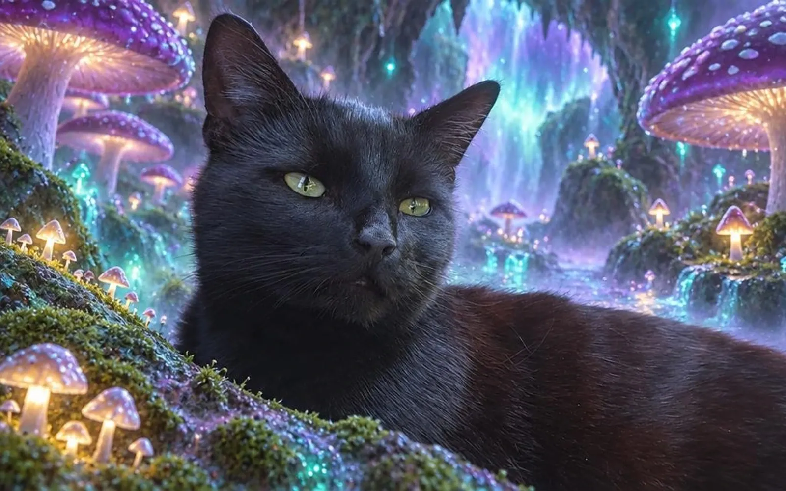 A realistic black cat with green eyes among glowing mushrooms and teal-violet mist in Mushroom Grotto