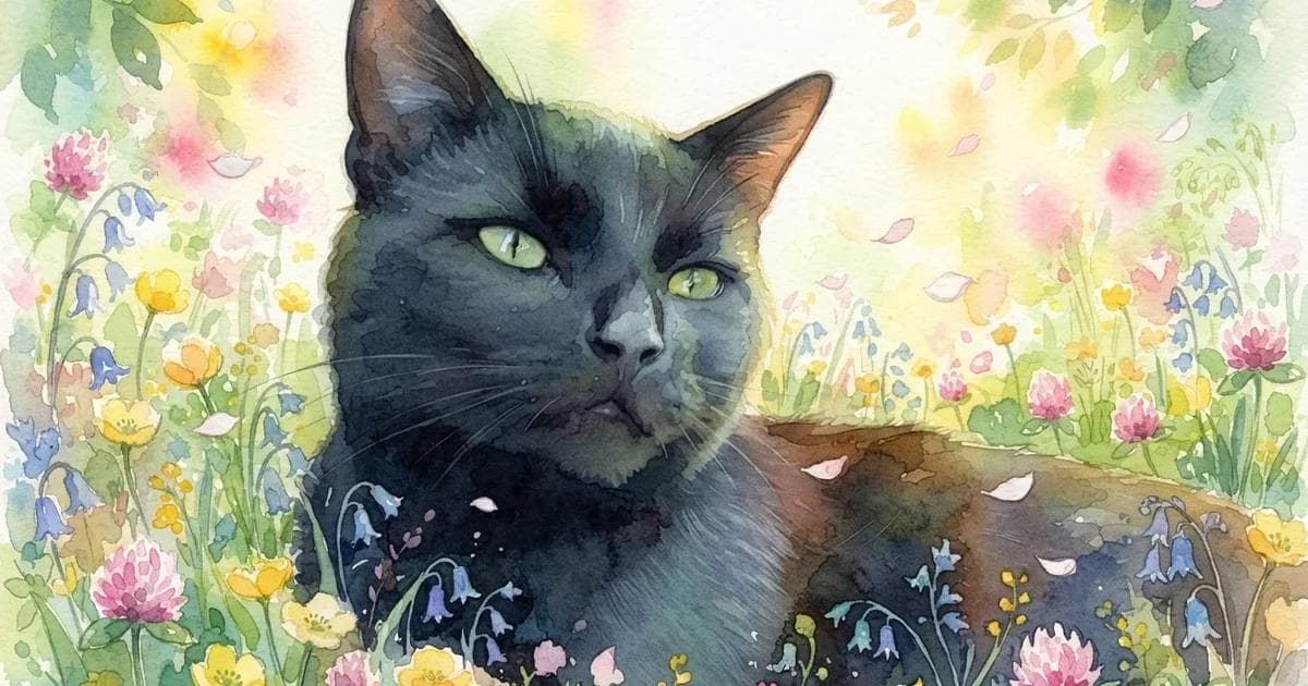 Watercolor portrait of a black cat created from a clear source photo