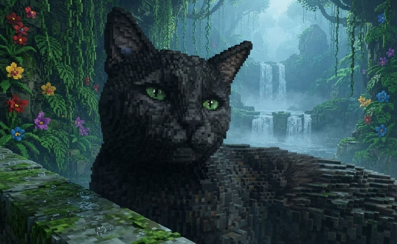 Black cat rendered cohesively in voxel art within a colourful hidden waterfall scene