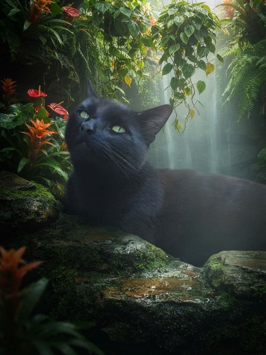 Black cat surrounded by tropical plants, wet stone and mist in a cinematic hidden waterfall scene