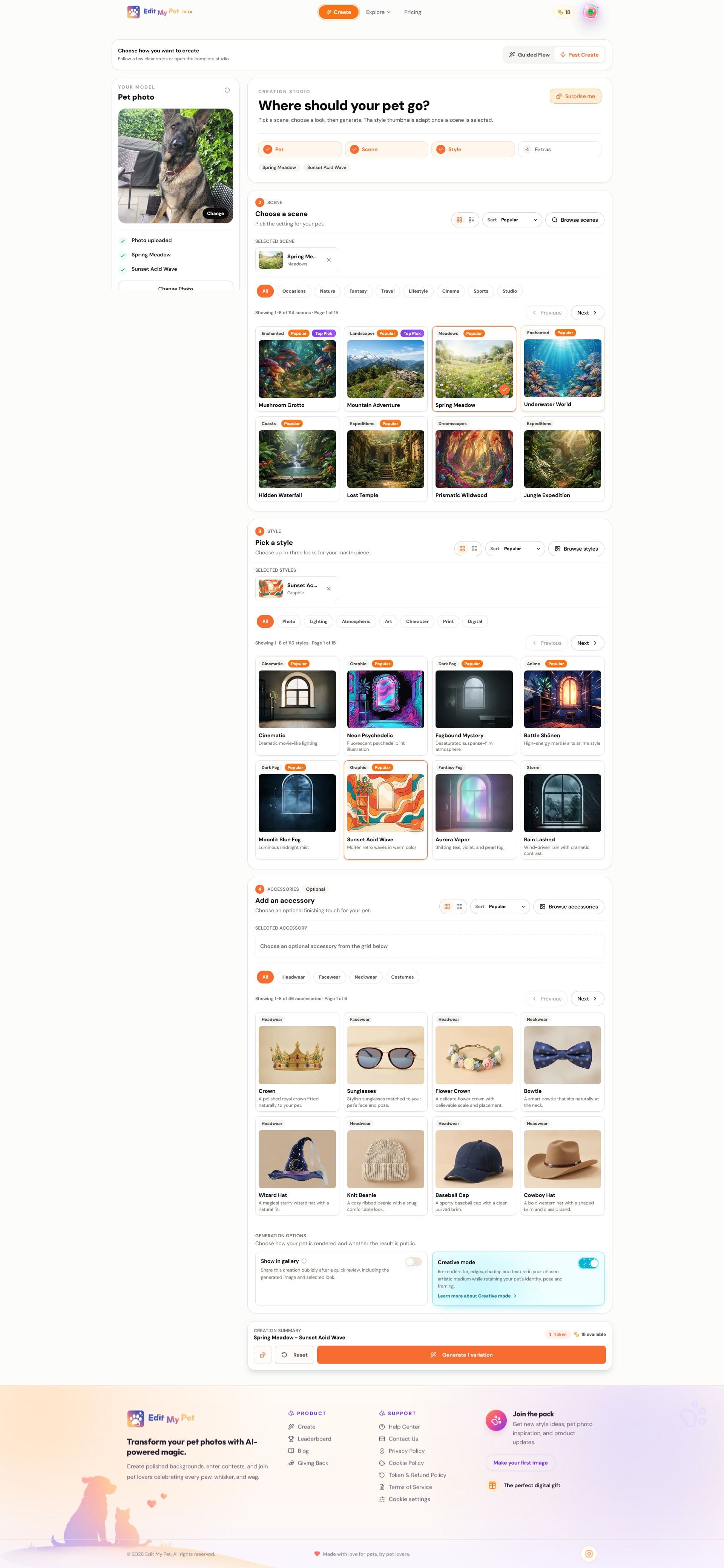 The new EditMyPet Fast Create interface showing scenes, styles, accessories and generation options together