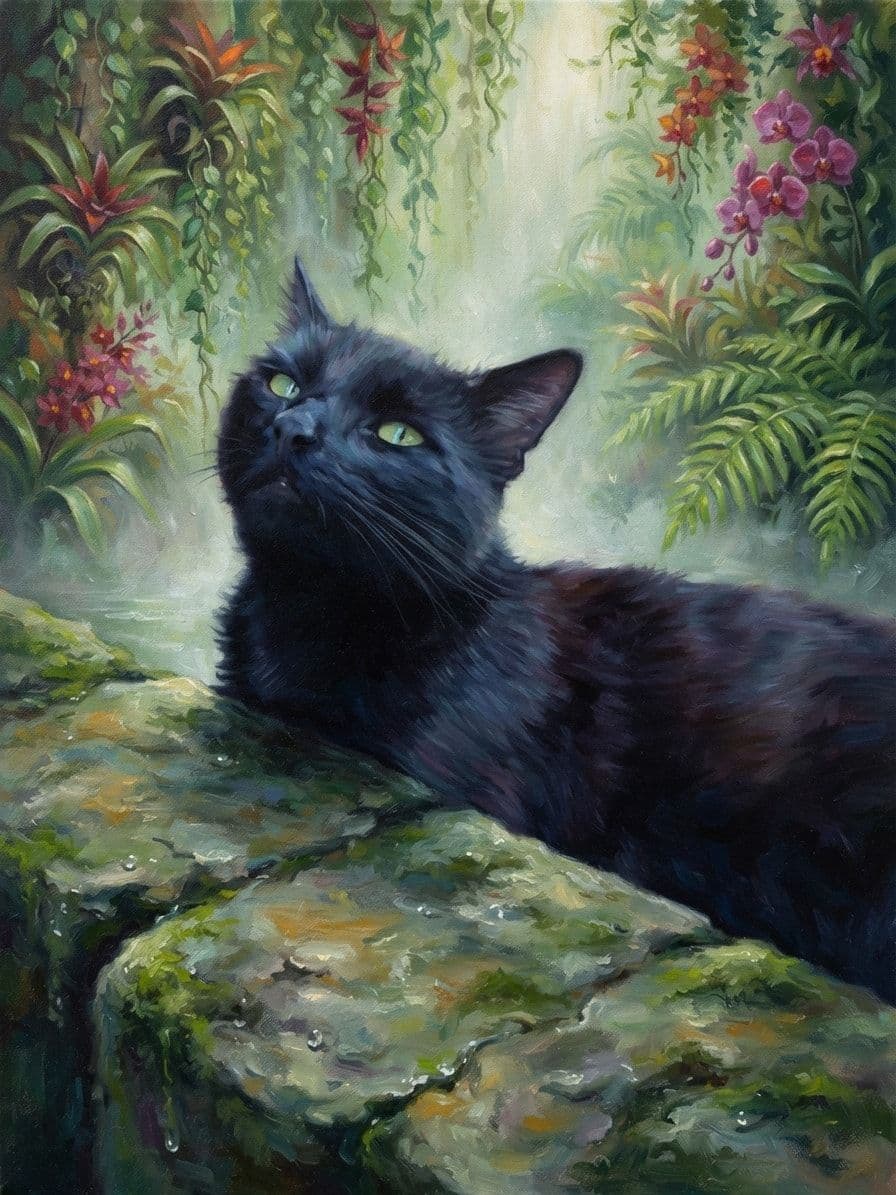 Black cat painted in a colourful oil painting style within a lush hidden waterfall scene