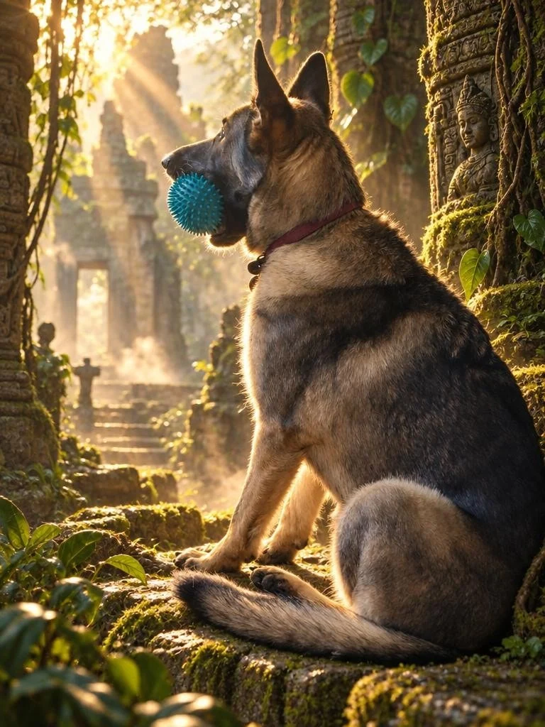 Eve sitting with her blue ball beside sunlit ancient temple ruins