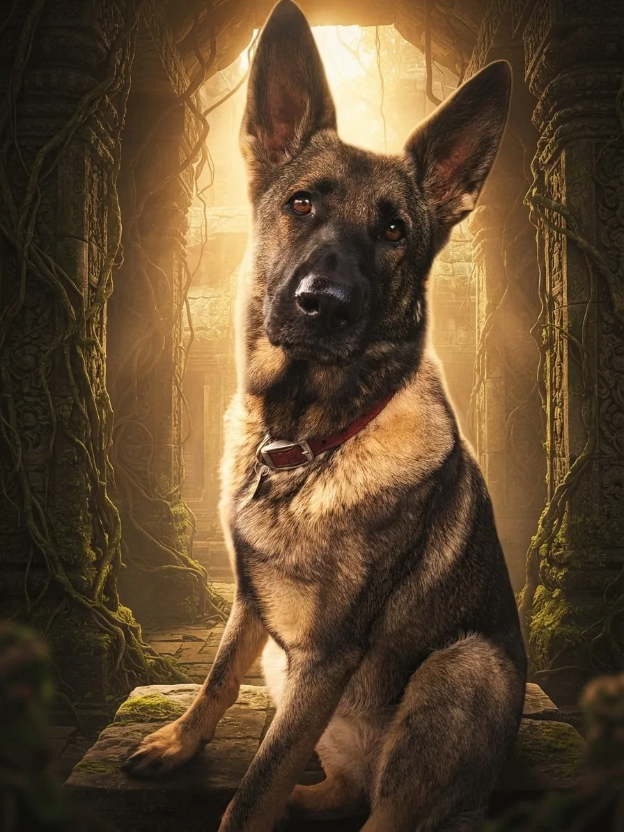 German Shepherd photographed among overgrown temple ruins with warm backlit mist