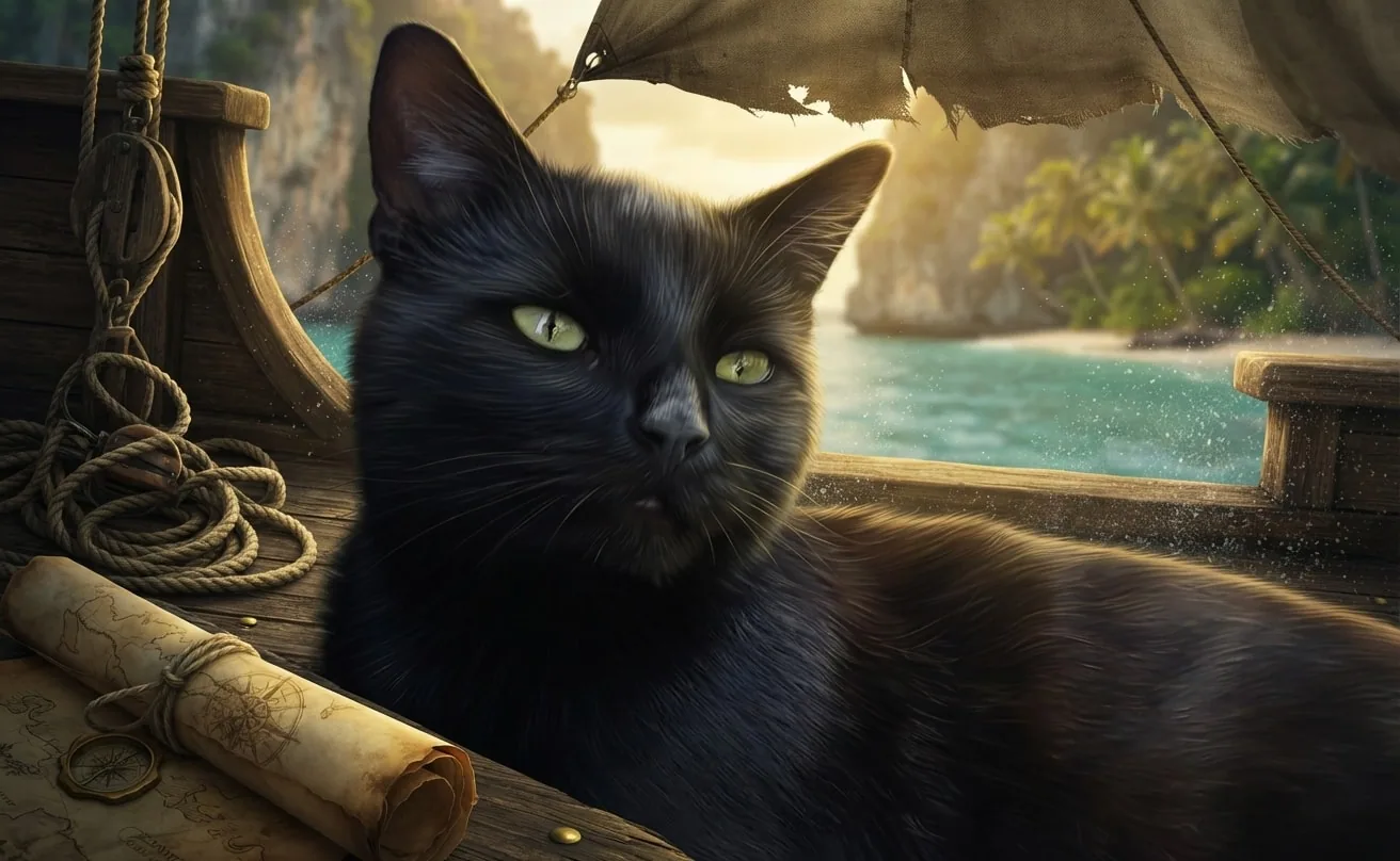 Black cat on a sunlit cinematic pirate ship beside ropes and a treasure map