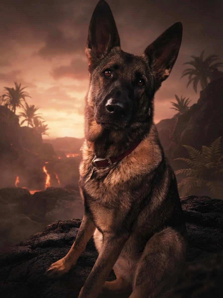 German Shepherd photographed on a volcanic island in warm ember-coloured haze