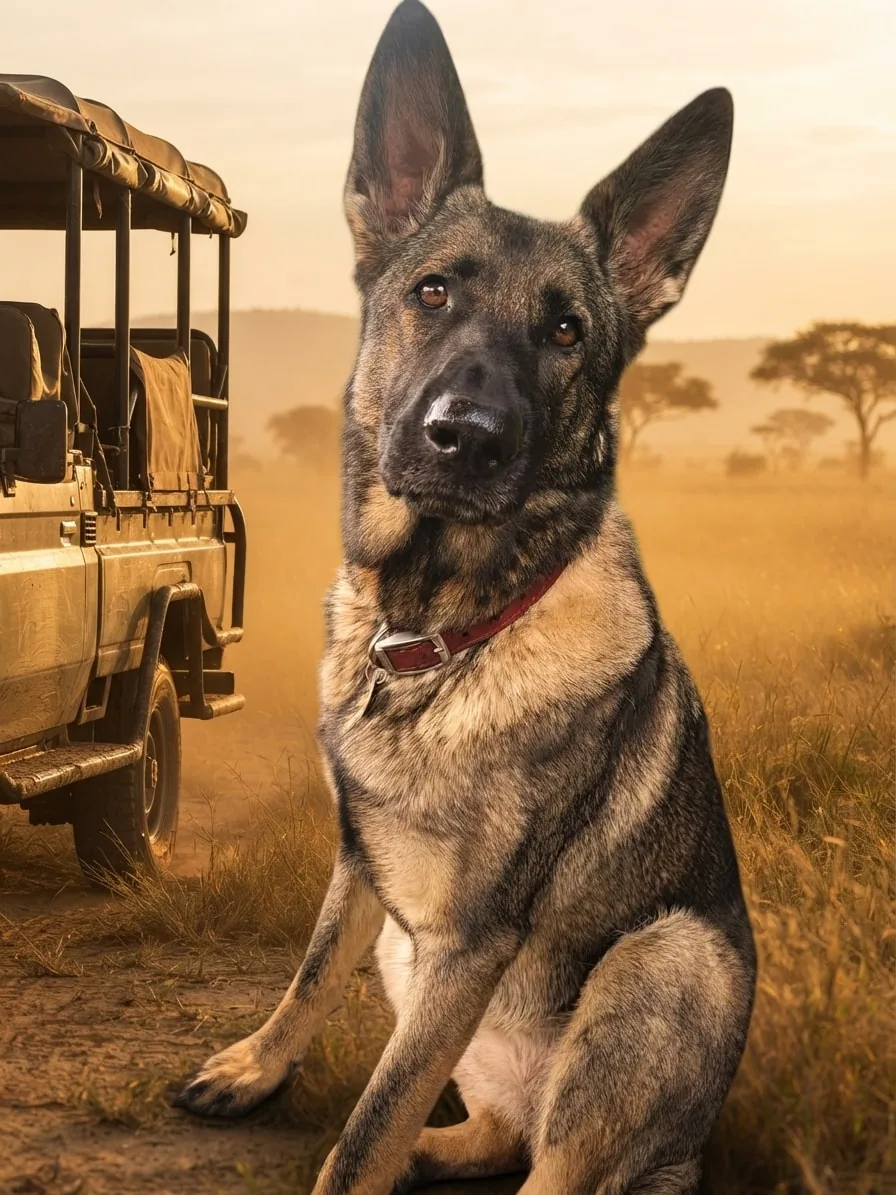 German Shepherd beside a safari jeep in warm golden grassland