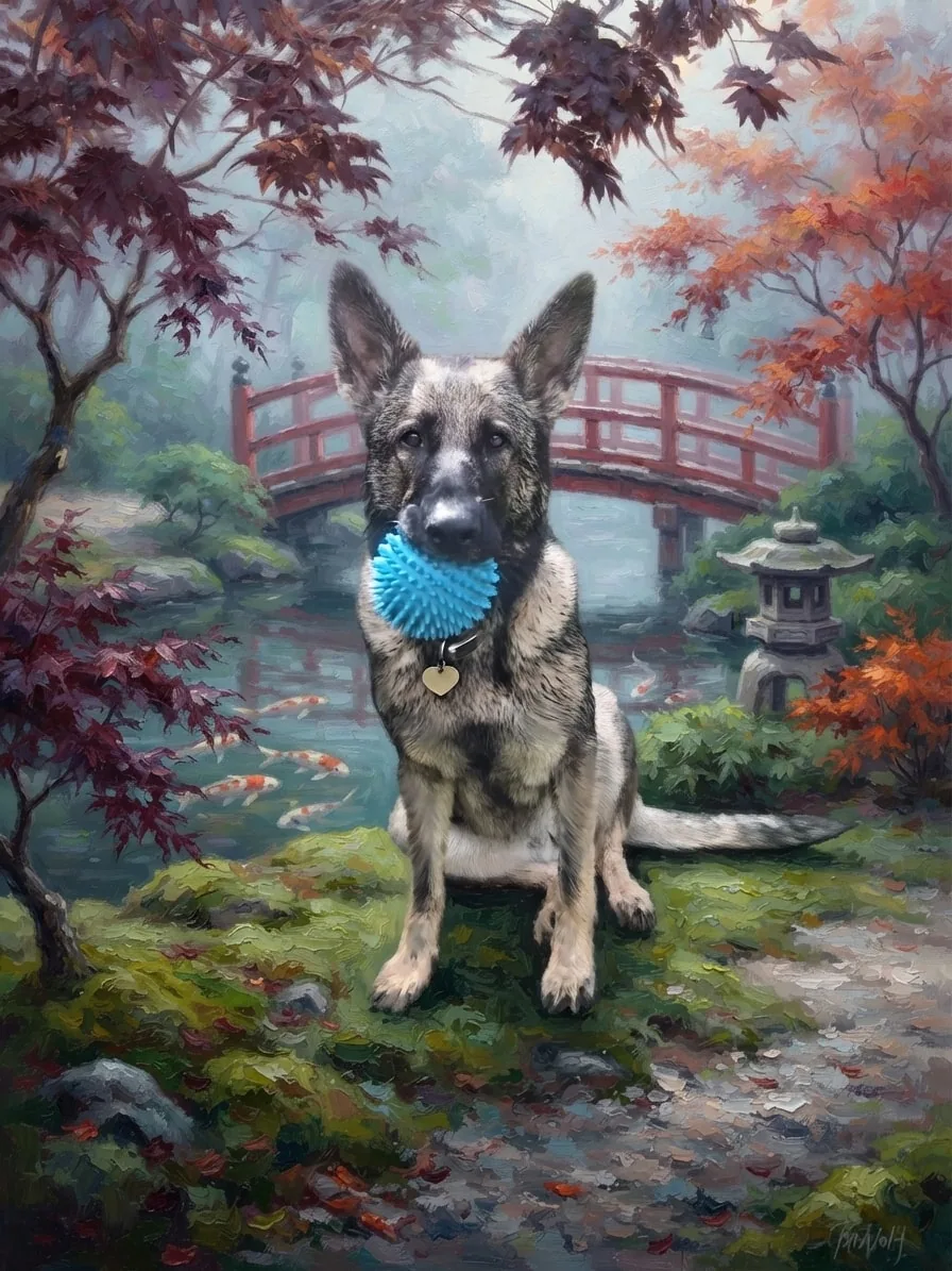 German Shepherd with a blue ball painted in oils inside a Japanese garden