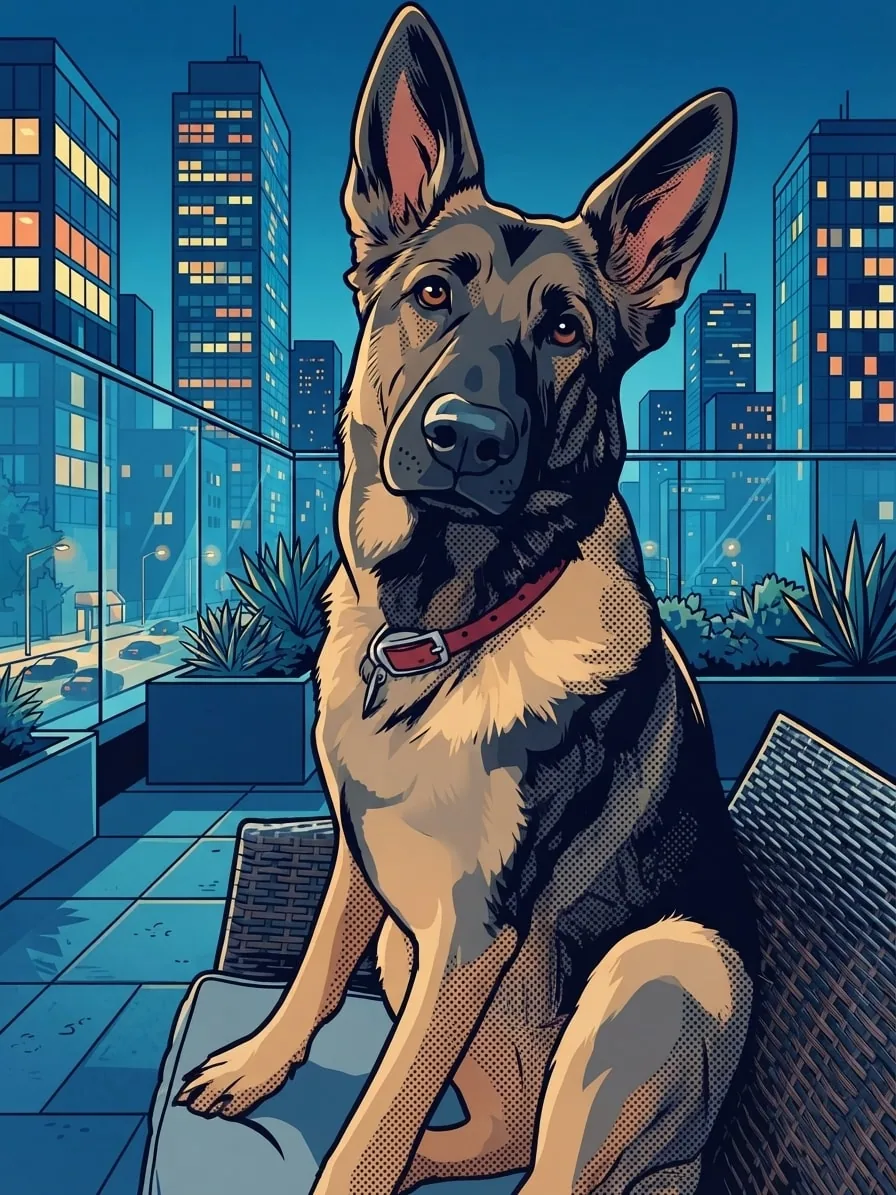 German Shepherd rendered as a colourful pop-art illustration above a city