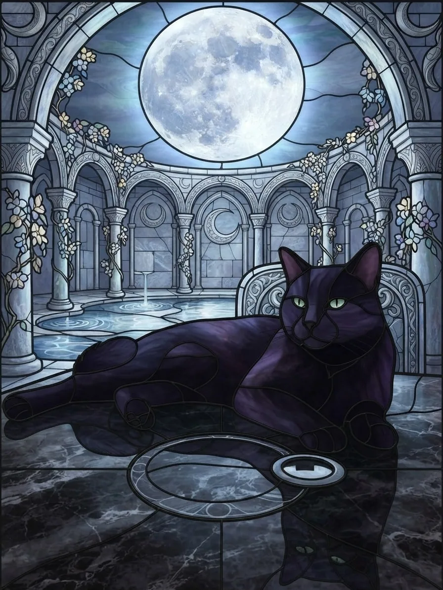 Black cat rendered entirely in stained glass inside a moonlit temple