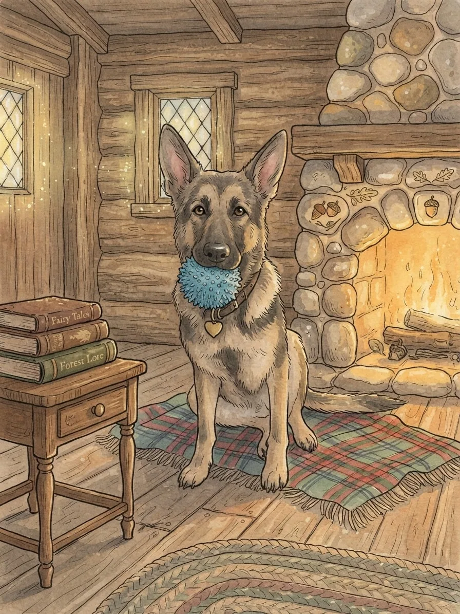German Shepherd illustrated in a cosy storybook cabin beside a fireplace