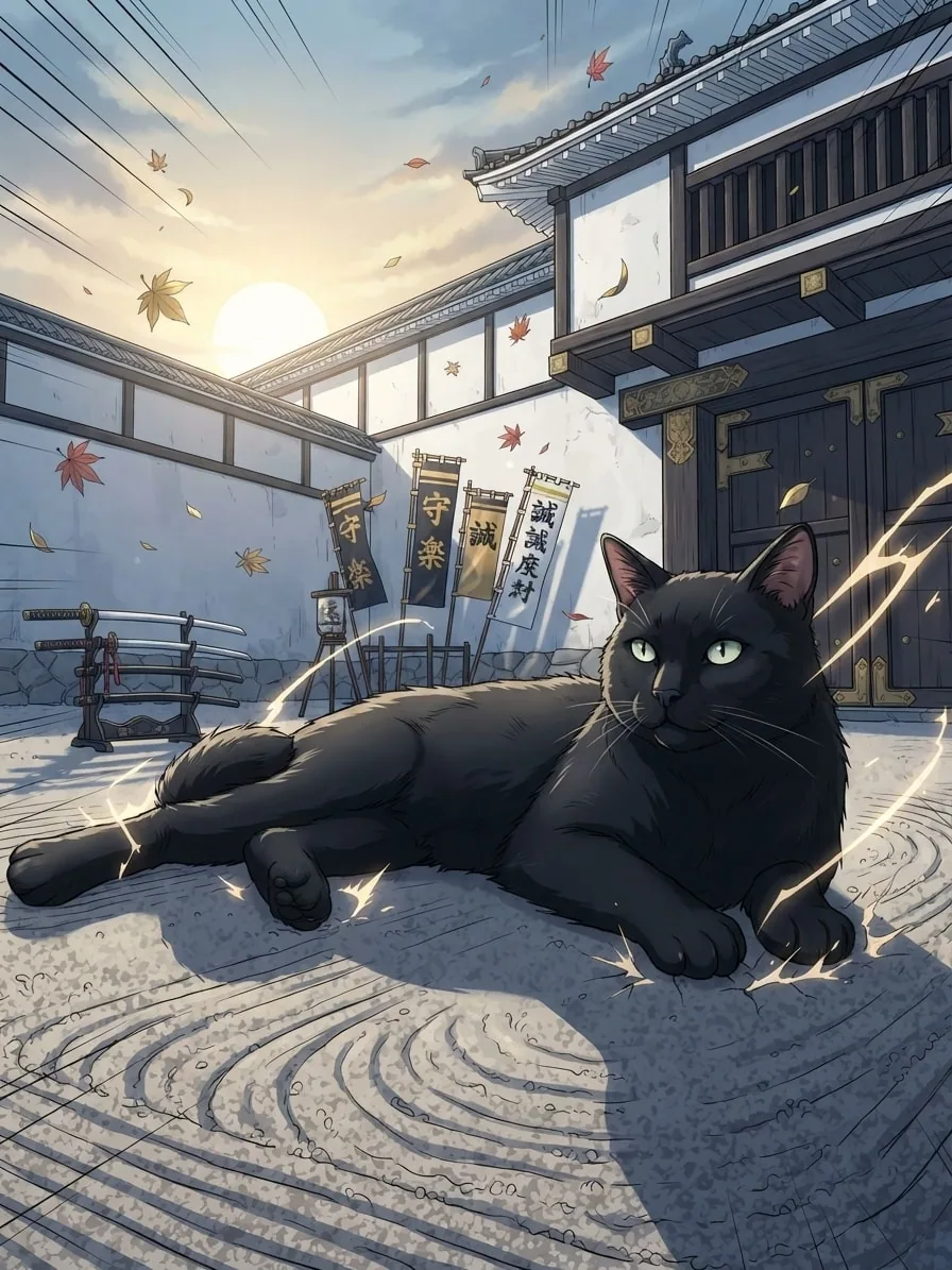 Black cat in a dramatic action-anime illustration inside a samurai castle courtyard
